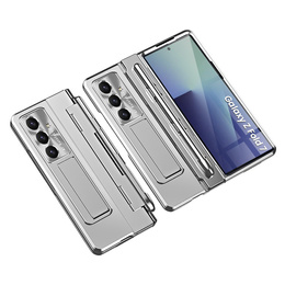 Etui z podstawką do Samsung Galaxy Z Fold7 5G, z ochroną zawiasu, szkłem i rysikiem - srebrne