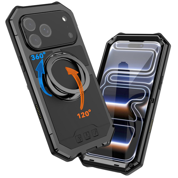 Etui pancerne do iPhone 17 Pro Max, R-JUST, do MagSafe, z podstawką, czarne