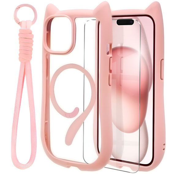 Etui do iPhone 15, do MagSafe, Cute Cat, różowe + Szkło na ekran