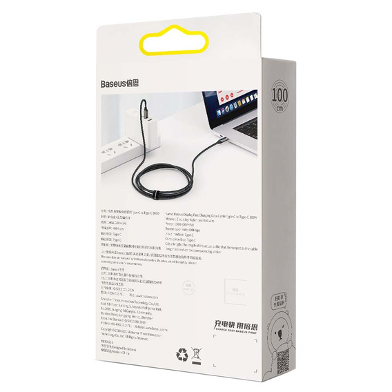 Baseus kabel USB-C na USB-C 1 m 100 W z wyświetlaczem mocy – Czarny