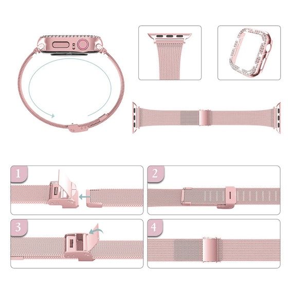 Bransoleta + Etui z Diamentami do Apple Watch 7/8/9 45mm, Różowa