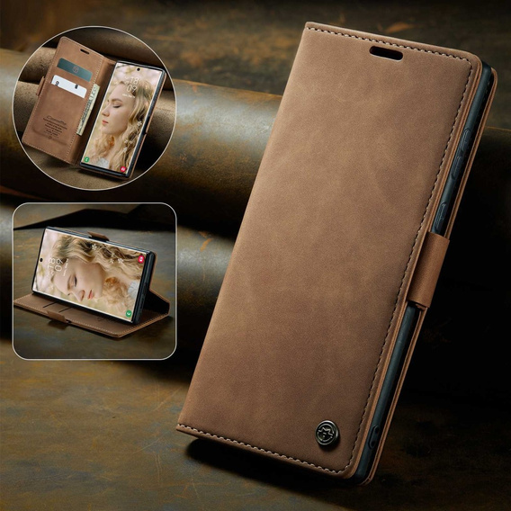 Etui CASEME do Samsung Galaxy S22 Ultra, Leather Wallet Case, brązowe