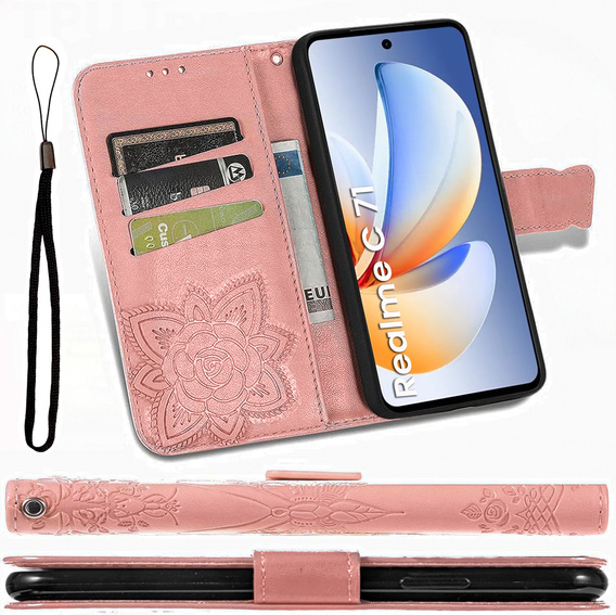 Etui z klapką do Realme C71, Butterfly, różowe rose gold