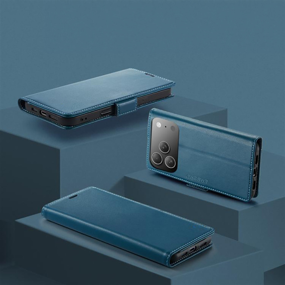 Etui do iPhone 17 Pro Max, ERBORD Glossy Litchi, portfel z klapką, niebieskie