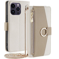 Etui z klapką do iPhone 15 Pro Max, Wallet Zipper Pocket, z lusterkiem, białe