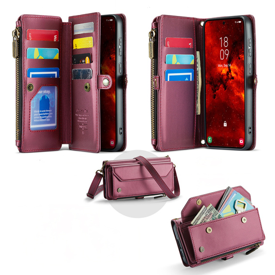 Etui CASEME do Samsung Galaxy S25 FE, RFID Leather Wallet, z paskiem na ramię, czerwone