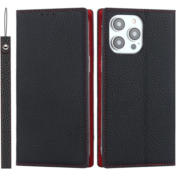 Etui z klapką do iPhone 15 Pro, Litchi Skin Grain, czarne