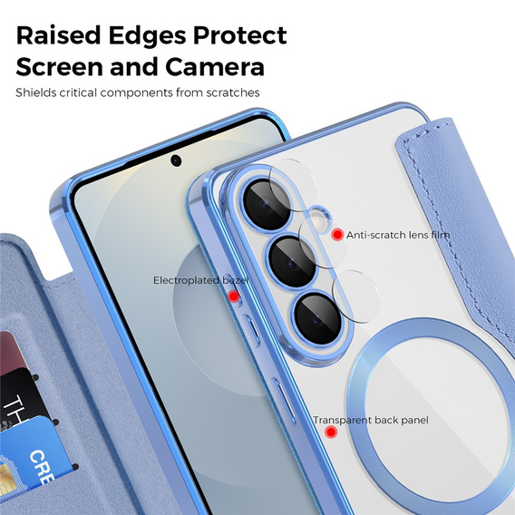 Etui z klapką do Samsung Galaxy S26, RFID Wallet MagSafe z ochroną aparatu, niebieskie