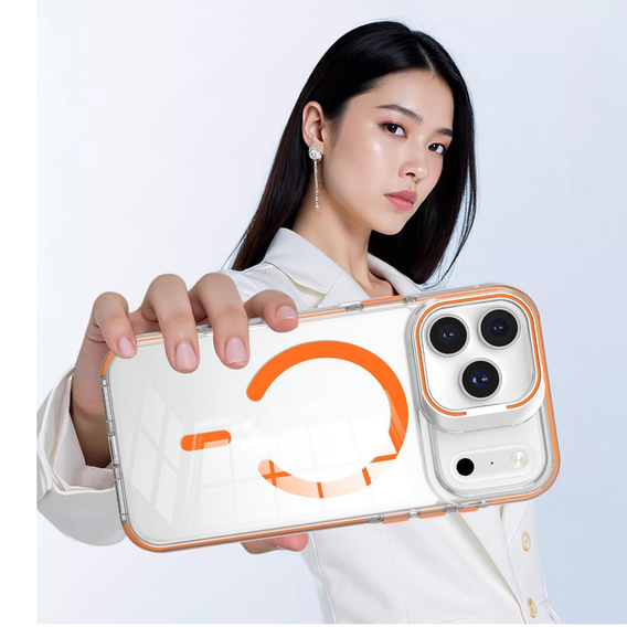 Etui do iPhone 17 Pro Max, do MagSafe, z podstawką, przezroczyste z pomarańczowymi akcentami