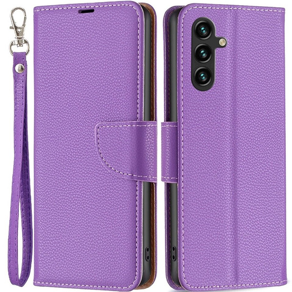 Etui z klapką do Samsung Galaxy A15, Wallet Litchi Leather, fioletowe + szkło 9H