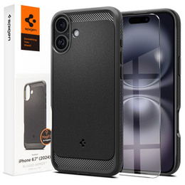 Etui Spigen do iPhone 16 Plus, Rugged Armor MagSafe, czarne + Szkło Hartowane 9H