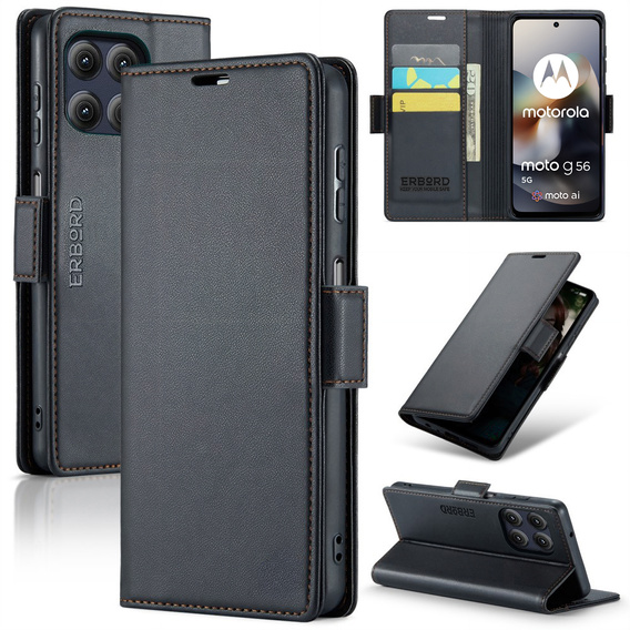 Etui do Motorola Moto G56 5G, ERBORD Glossy Litchi, portfel z klapką, czarne