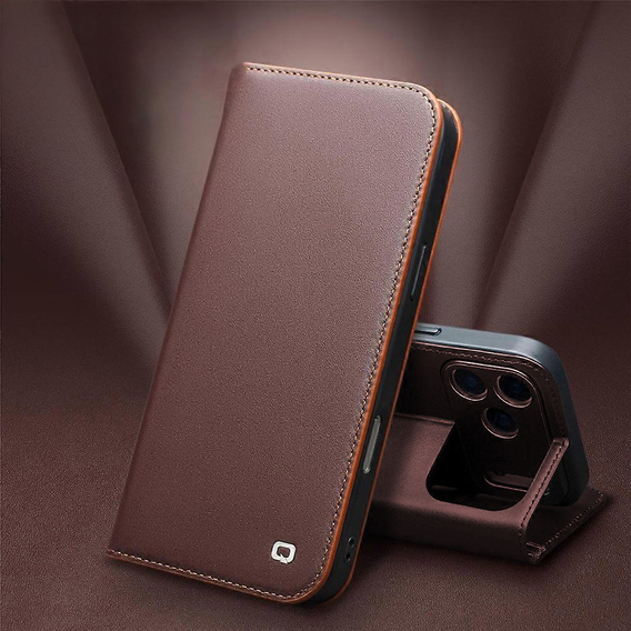 Etui z klapką QIALINO do iPhone 17 Pro, skórzane, brązowe