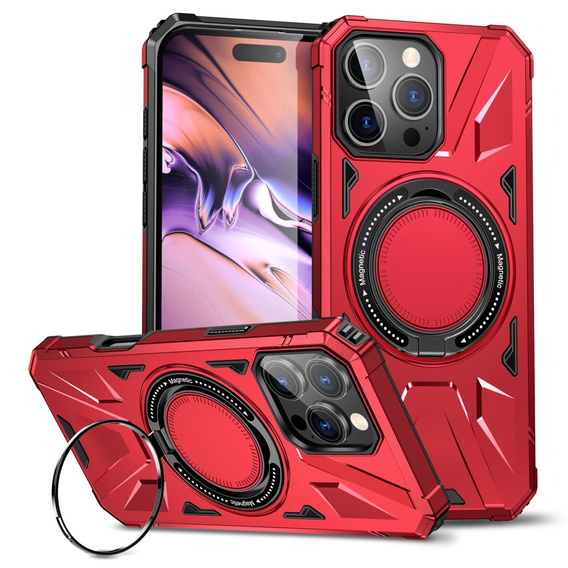 Etui do iPhone 16 Pro, pancerne z podstawką i blaszką do uchwytu, czerwone