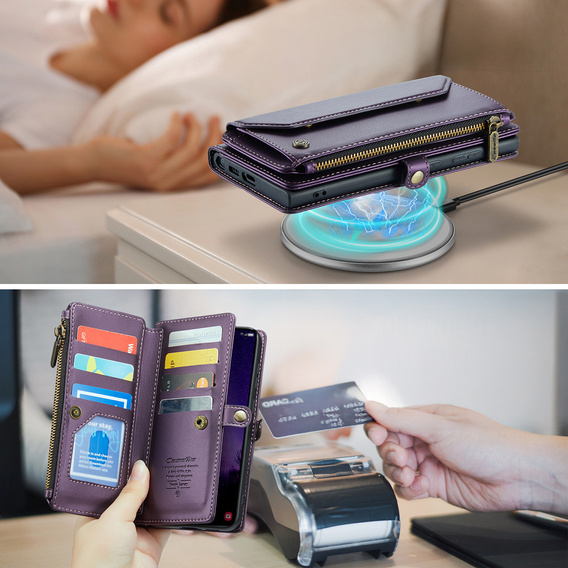 Etui CASEME do Samsung Galaxy S25 FE, RFID Leather Wallet, z paskiem na ramię, fioletowe
