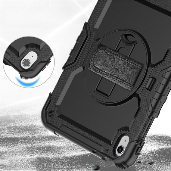 Etui pancerne do iPad 11" 2025 A16 (11 gen.) / 10.9" 2022 (10 gen.) z obrotową podstawką 360°, paskiem na dłoń i paskiem na ramię - czarne