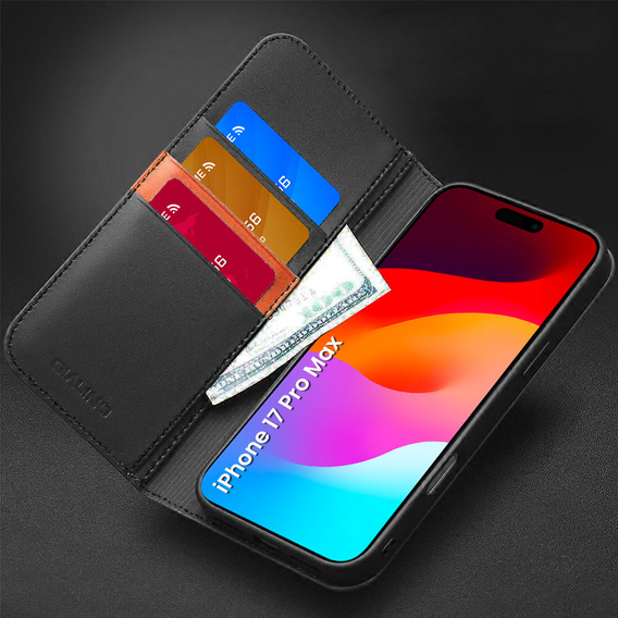Etui z klapką QIALINO do iPhone 17 Pro Max, skórzane, czarne