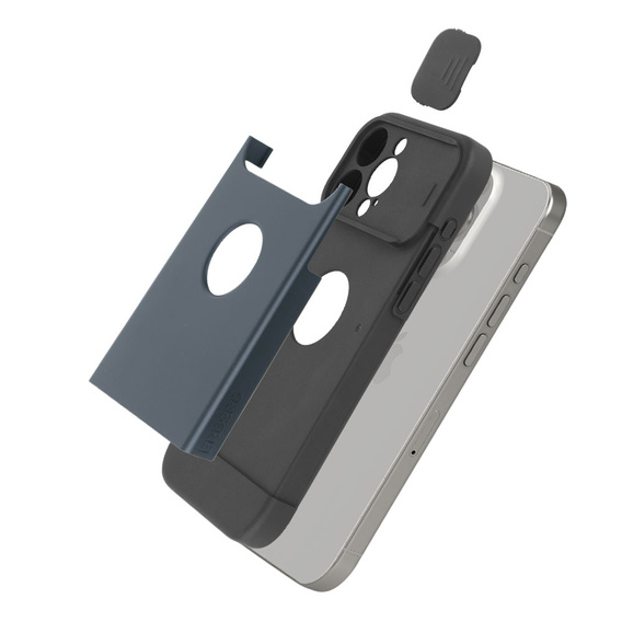 Etui do iPhone 15 Pro, ERBORD MagProtect Cam Slider do MagSafe, tytanowe niebieskie + Szkło hartowane