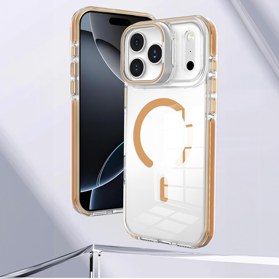 Etui do iPhone 17 Pro, do MagSafe, z podstawką, przezroczyste ze złotymi akcentami