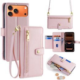 Etui z klapką do iPhone 17 Pro Max, Wallet Zipper Pocket, różowe