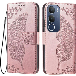 Etui z klapką do Vivo Y19s, Butterfly, różowe rose gold