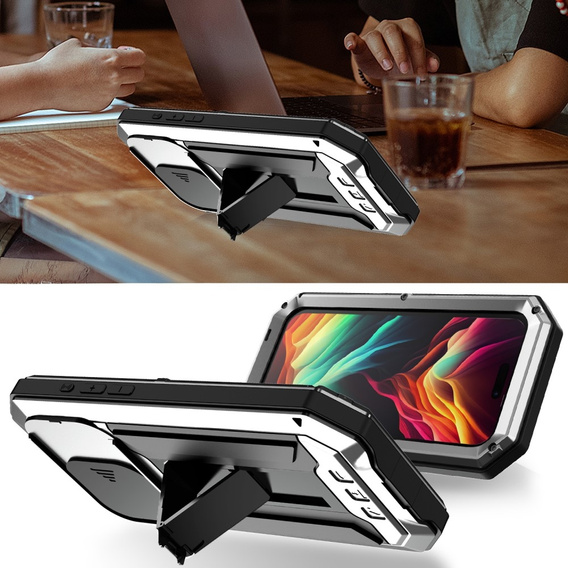 Etui do iPhone 15 Pro Max, R-JUST CamShield Slide, pancerne, srebrne / czarne