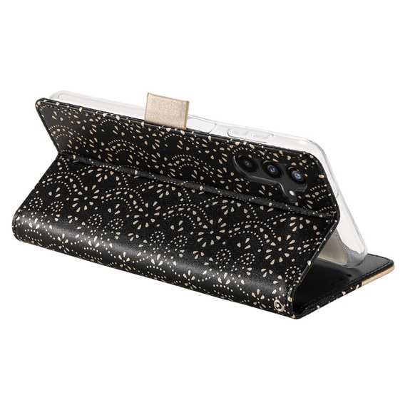 Etui z klapką do Samsung Galaxy A25 5G, Wallet Pocket Zipper Lace, czarne