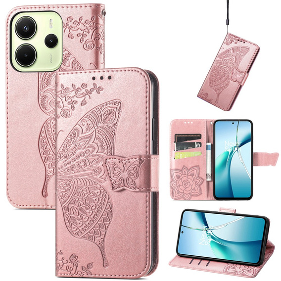 Etui z klapką do Xiaomi Redmi Note 14 4G, Butterfly, różowe rose gold