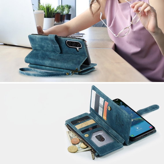 Etui CASEME do Samsung Galaxy A56 5G, Leather Wallet Cash and Card Slots, z paskiem, niebieskie