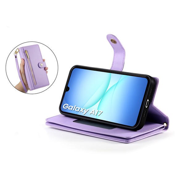 Etui z klapką do Samsung Galaxy A17 5G, Wallet Zipper Pocket, fioletowe