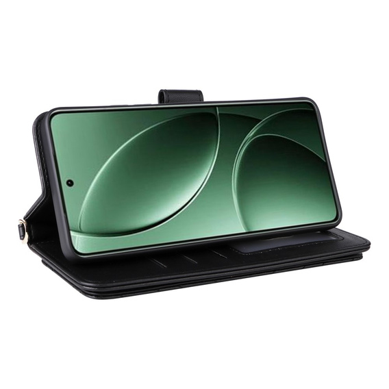 Etui z klapką do Xiaomi Poco F7 Pro, Crossbody Leather Wallet, czarne