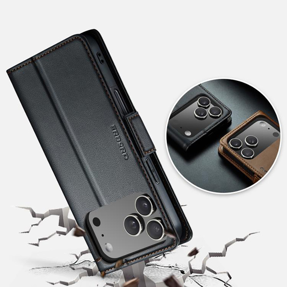 Etui do iPhone 17 Pro Max, ERBORD Glossy Litchi, portfel z klapką, czarne