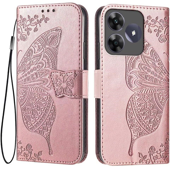 Etui z klapką do Realme C61, Butterfly, różowe rose gold