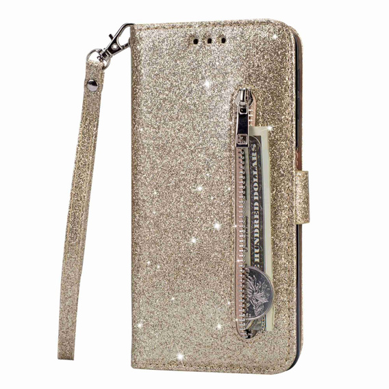 Etui z klapką do Samsung Galaxy S24 Ultra, Wallet Zipper Pocket Glittery, złote