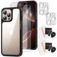 Etui do iPhone 16 Pro, ERBORD Hybrid, przezroczyste / czarne + 2x Szkło na ekran + 2x Szkło na aparat