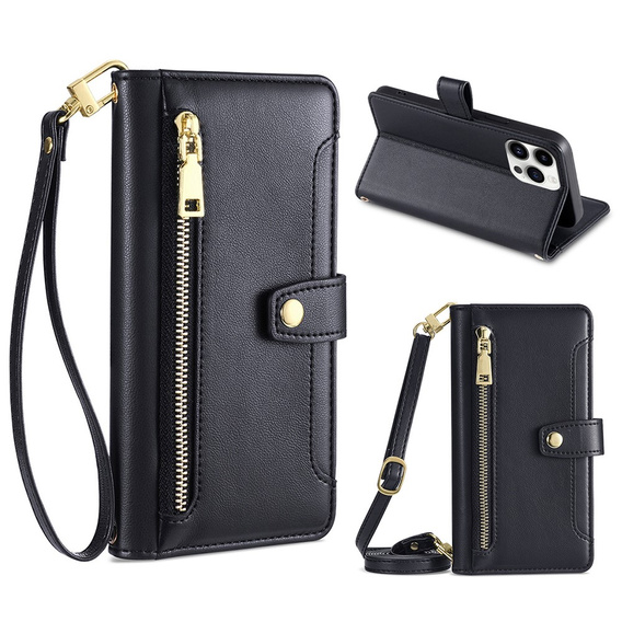 Etui z klapką do iPhone 15 Pro Max, Wallet Zipper Pocket, czarne