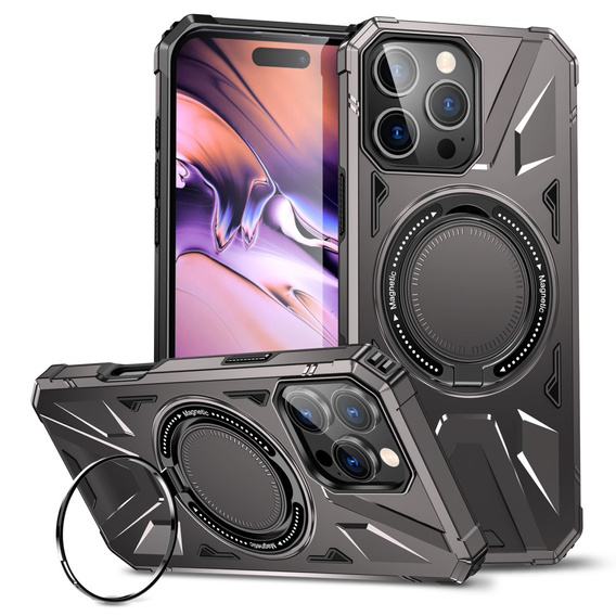 Etui do iPhone 16 Pro Max, pancerne z podstawką i blaszką do uchwytu, szare