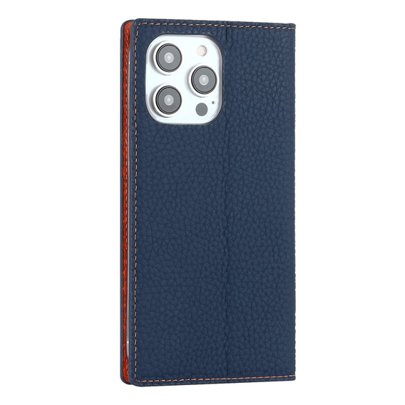 Etui z klapką do iPhone 15 Pro, Litchi Skin Grain, granatowe / pomarańczowe