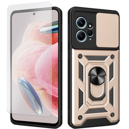 Zestaw Etui pancerne do Xiaomi Redmi Note 12 4G, Nox Camera Slide, złote + Szkło 9H