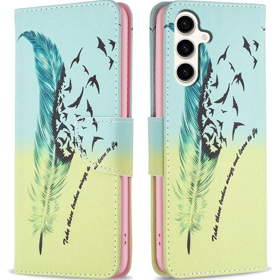 Etui z klapką do Samsung Galaxy S23 FE, Wallet, Feather niebieskie / żółte