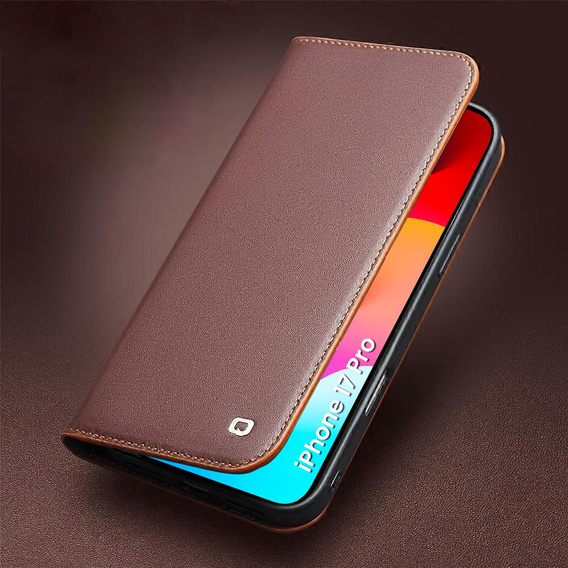 Etui z klapką QIALINO do iPhone 17 Pro, skórzane, brązowe