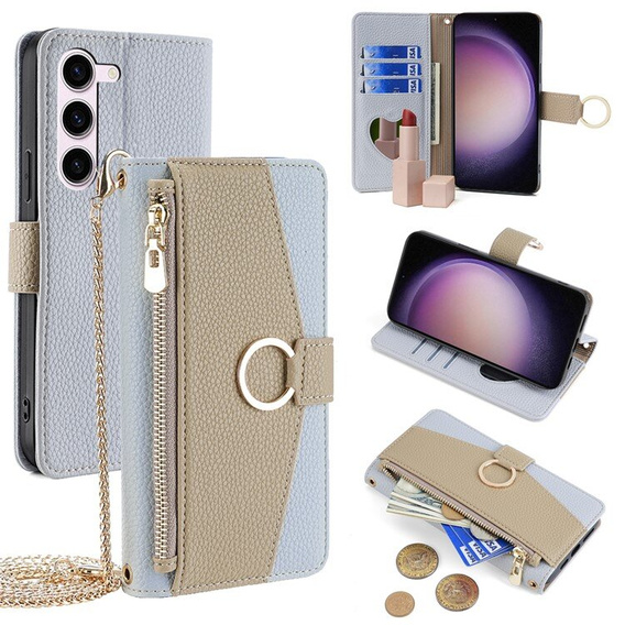 Etui z klapką do Samsung Galaxy S23, Wallet Zipper Pocket, z lusterkiem, niebieskie