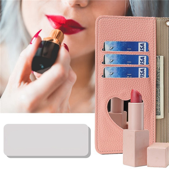 Etui z klapką do Samsung Galaxy A56 5G, Wallet Zipper Pocket, z lusterkiem, różowe