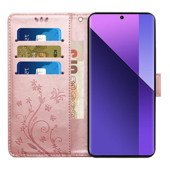 Etui z klapką do Xiaomi Redmi Note 13 Pro+, Butterfly, różowe rose gold