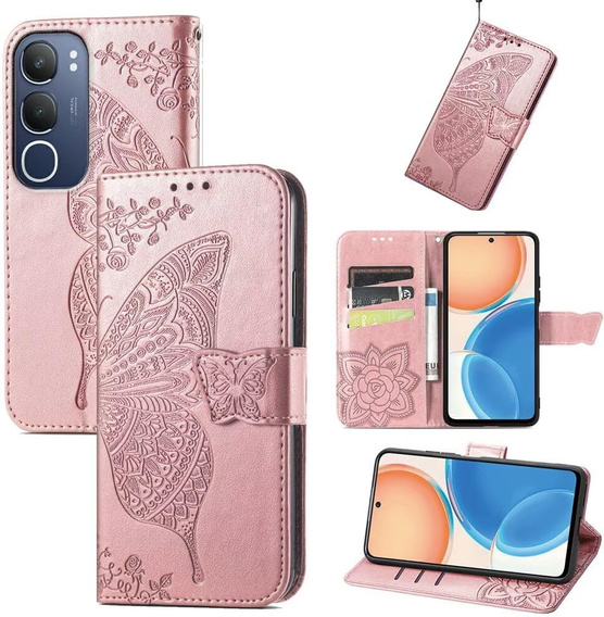 Etui z klapką do Vivo Y19s, Butterfly, różowe rose gold