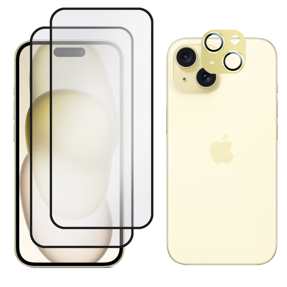 2x Szkło + szybka na aparat złota do iPhone 15, ERBORD Hartowane 3D