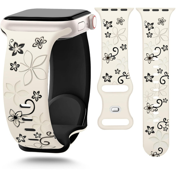 Pasek Silikonowy do Apple Watch 1/2/3/4/5/6/7/8/9/10/11/SE 38/40/41/42mm, Floral, Beżowy / Czarny