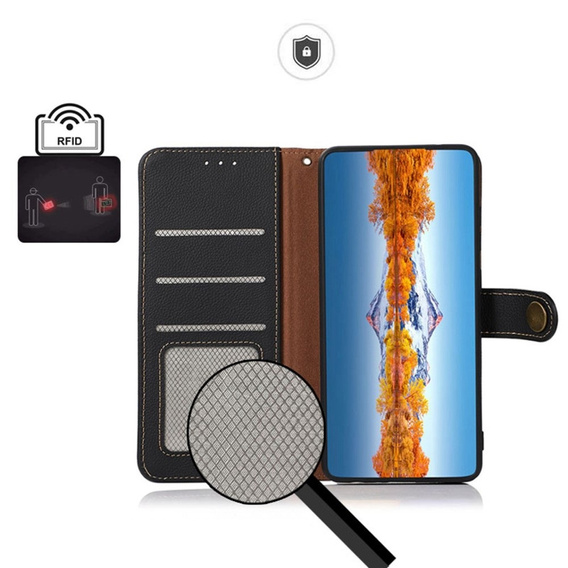 Skórzane Etui KHAZNEH RFID do Xiaomi Poco F6 Pro, Litchi Texture, czarne