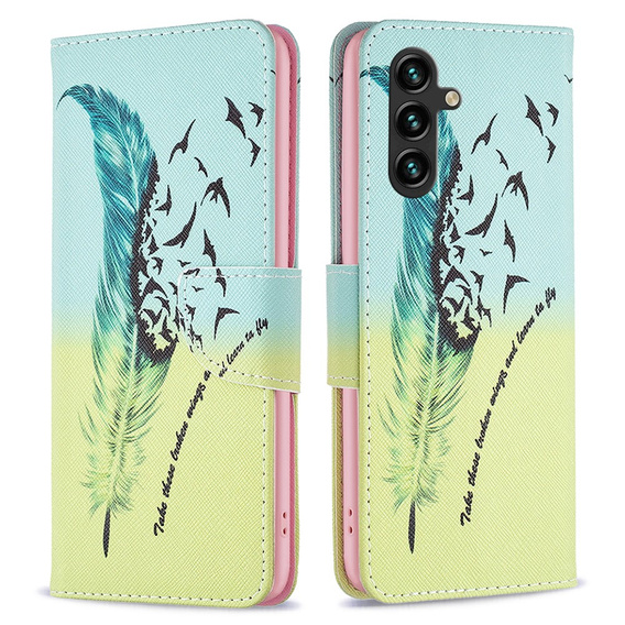 Etui z klapką do Samsung Galaxy A35 5G, Wallet, Feather niebieskie / żółte