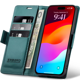 Etui do iPhone 17, ERBORD Glossy Litchi, portfel z klapką, zielone